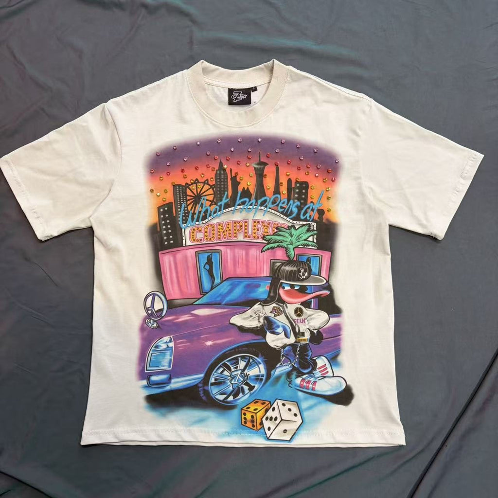 TRIPLE SEVENS Cream Rhinestone Graphic Short-Sleeve T-Shirt