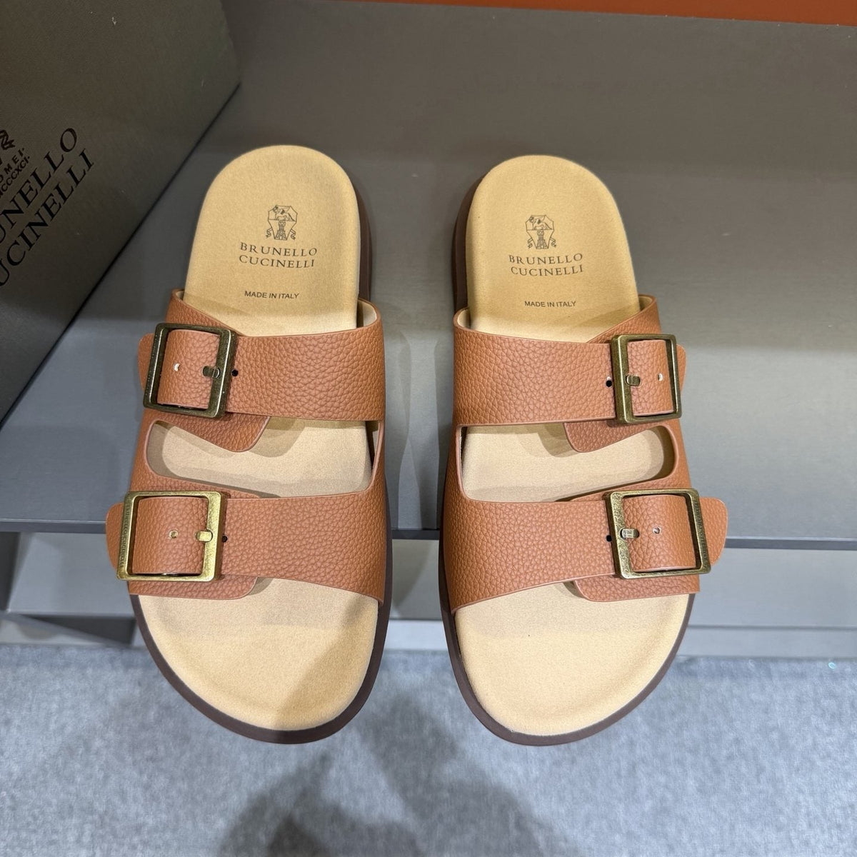 Brunello Cucinelli Men's Double-Buckle Slide Sandals - Textured Upper Straps