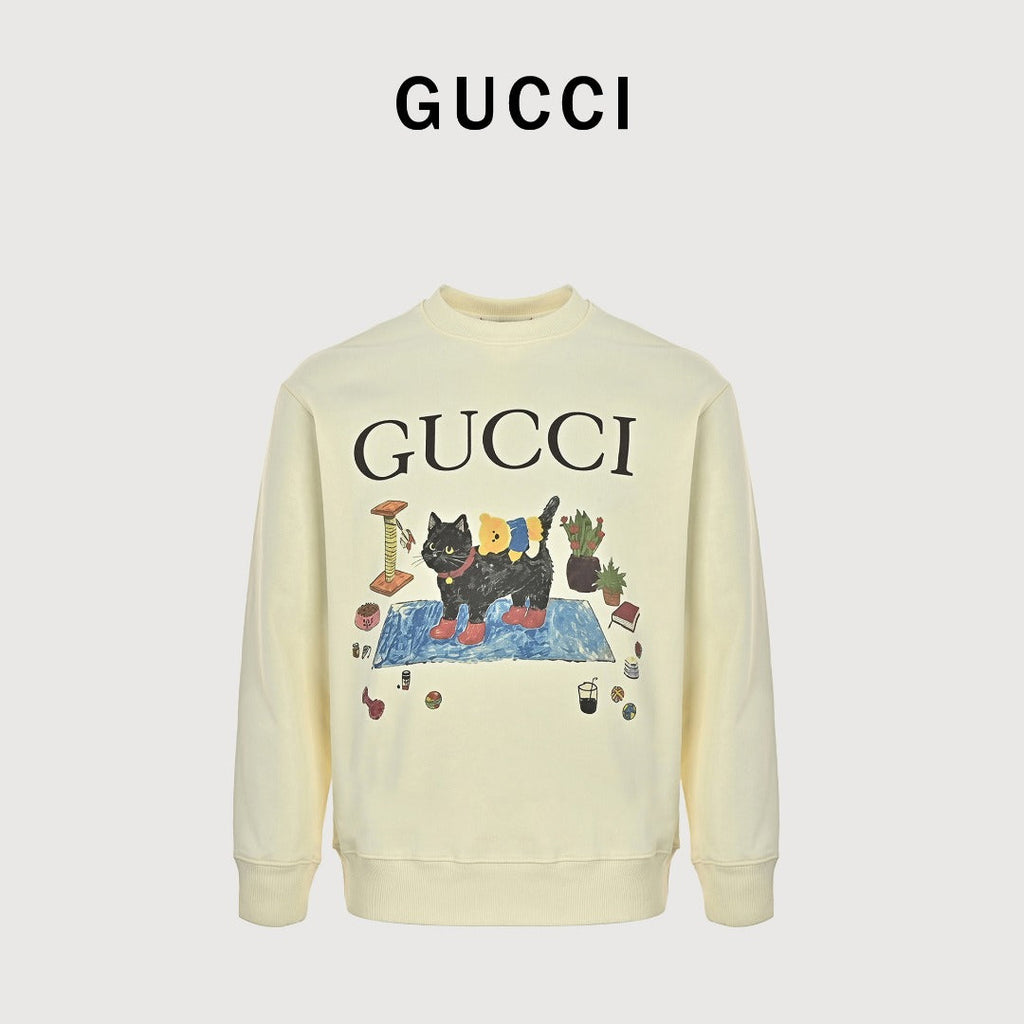 Gucci Whimsical Cartoon Black Cat Picnic Series Crewneck Sweatshirt