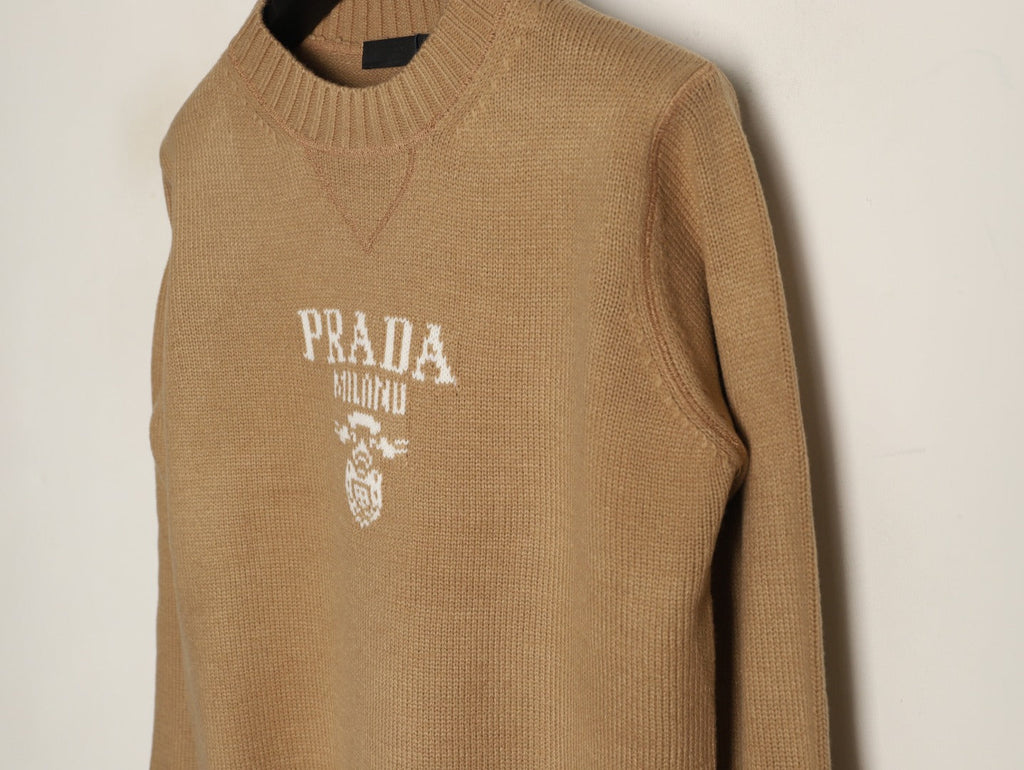 Prada Milano Logo Crewneck Knit Sweater - Camel